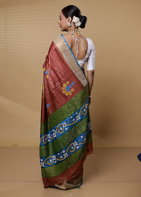 Rust Handloom Tussar Pure Silk Saree With Blouse Piece