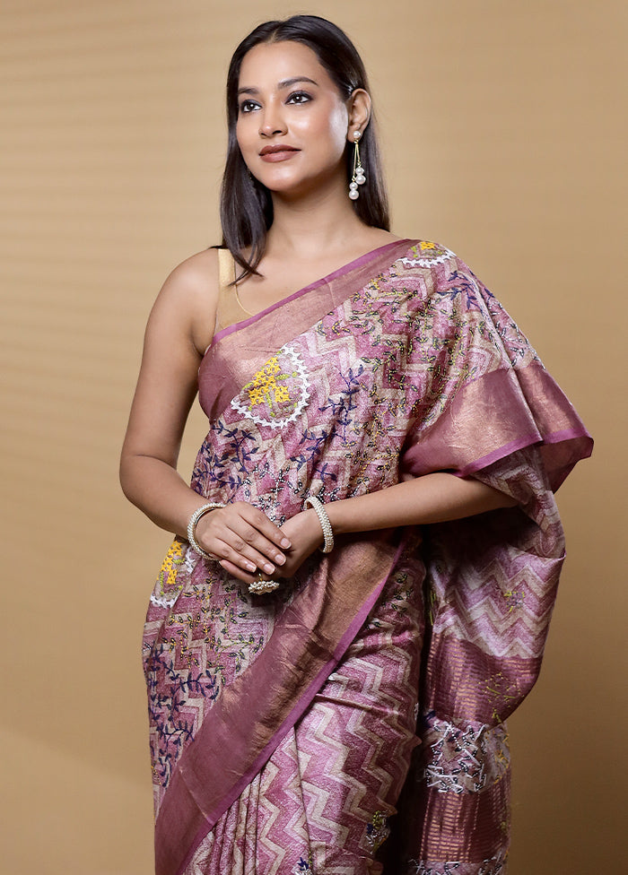 Pink Handloom Tussar Pure Silk Saree With Blouse Piece