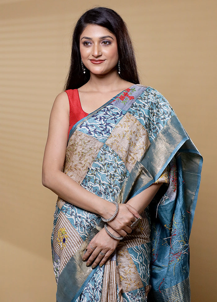 Multicolor Handloom Tussar Pure Silk Saree With Blouse Piece