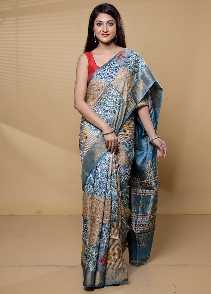 Multicolor Handloom Tussar Pure Silk Saree With Blouse Piece