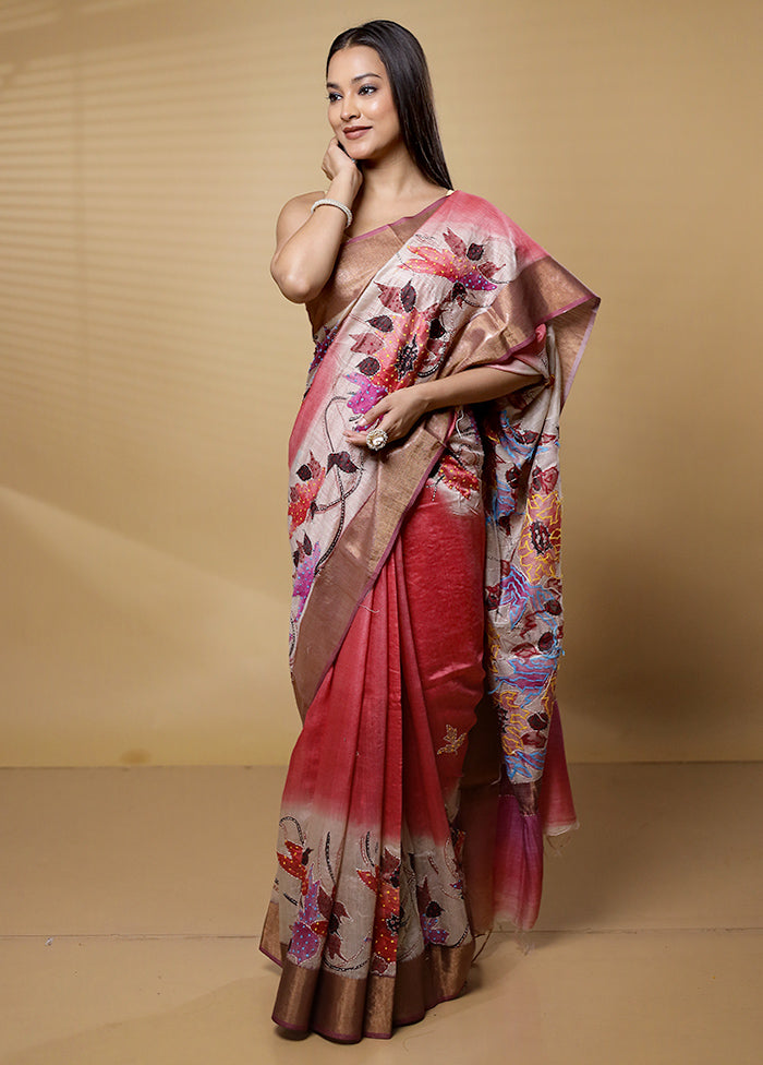 Pink Handloom Tussar Pure Silk Saree With Blouse Piece