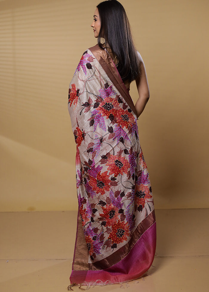 Pink Handloom Tussar Pure Silk Saree With Blouse Piece