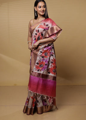 Pink Handloom Tussar Pure Silk Saree With Blouse Piece