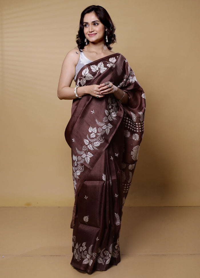 Brown Printed Pure Silk Saree Without Blouse Piece