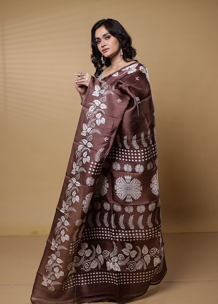 Brown Printed Pure Silk Saree Without Blouse Piece