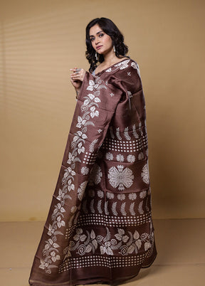 Brown Printed Pure Silk Saree Without Blouse Piece