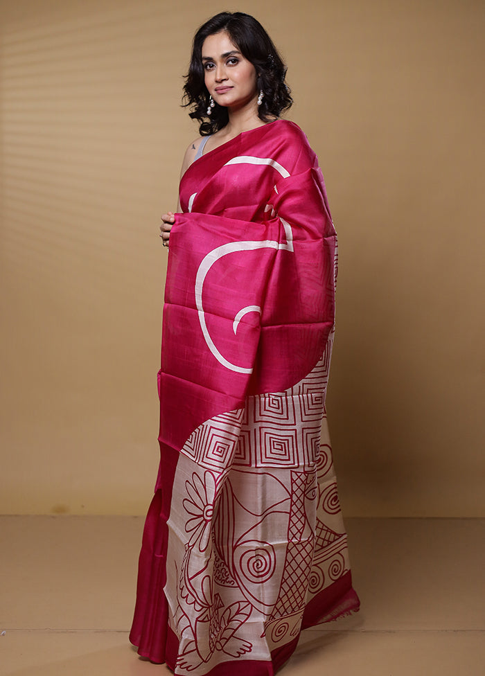 Pink Printed Pure Silk Saree Without Blouse Piece