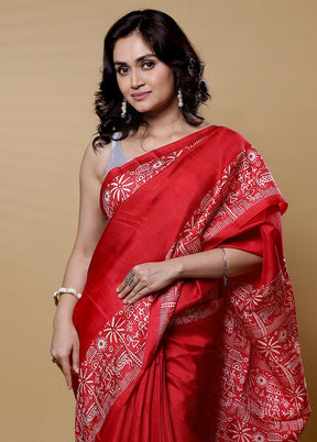 Red Printed Pure Silk Saree Without Blouse Piece