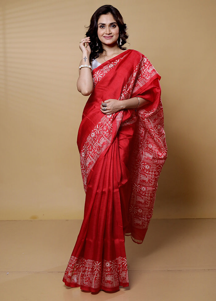 Red Printed Pure Silk Saree Without Blouse Piece