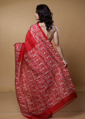 Red Printed Pure Silk Saree Without Blouse Piece