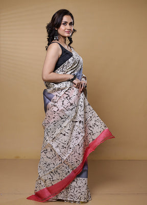 Grey Printed Pure Silk Saree Without Blouse Piece