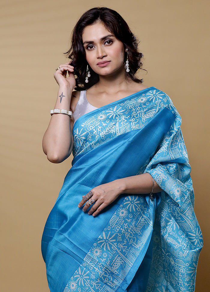 Blue Printed Pure Silk Saree Without Blouse Piece