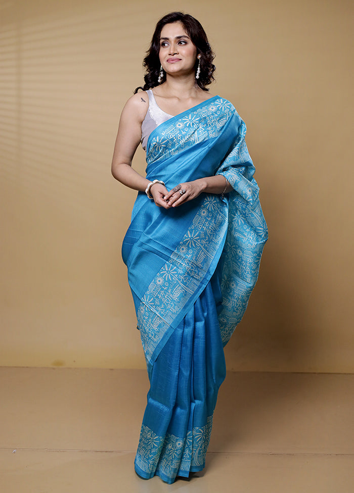 Blue Printed Pure Silk Saree Without Blouse Piece