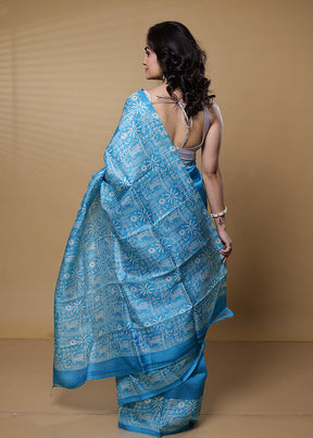 Blue Printed Pure Silk Saree Without Blouse Piece