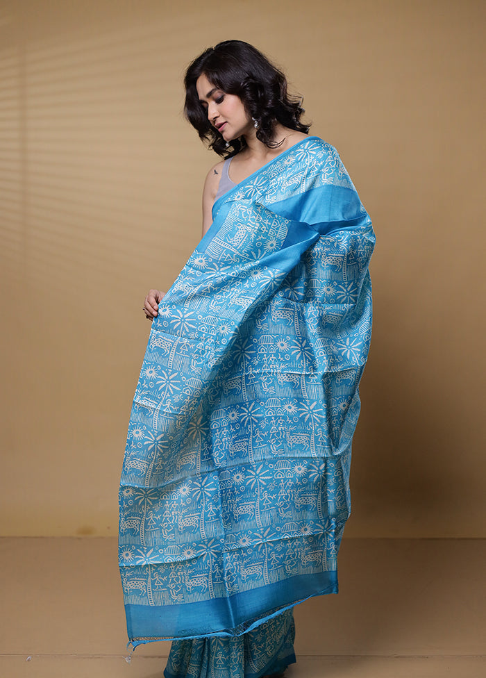 Blue Printed Pure Silk Saree Without Blouse Piece