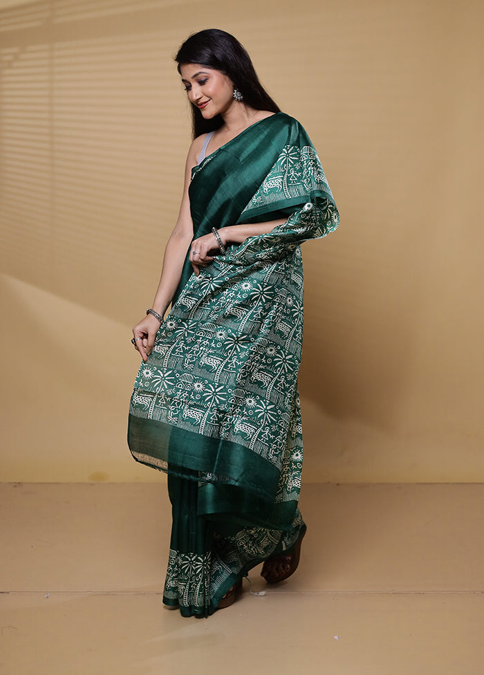 Green Printed Pure Silk Saree Without Blouse Piece