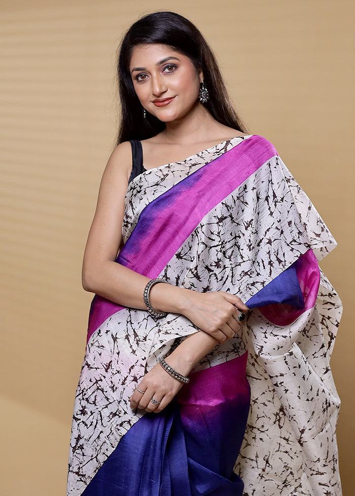 Blue Printed Pure Silk Saree Without Blouse Piece