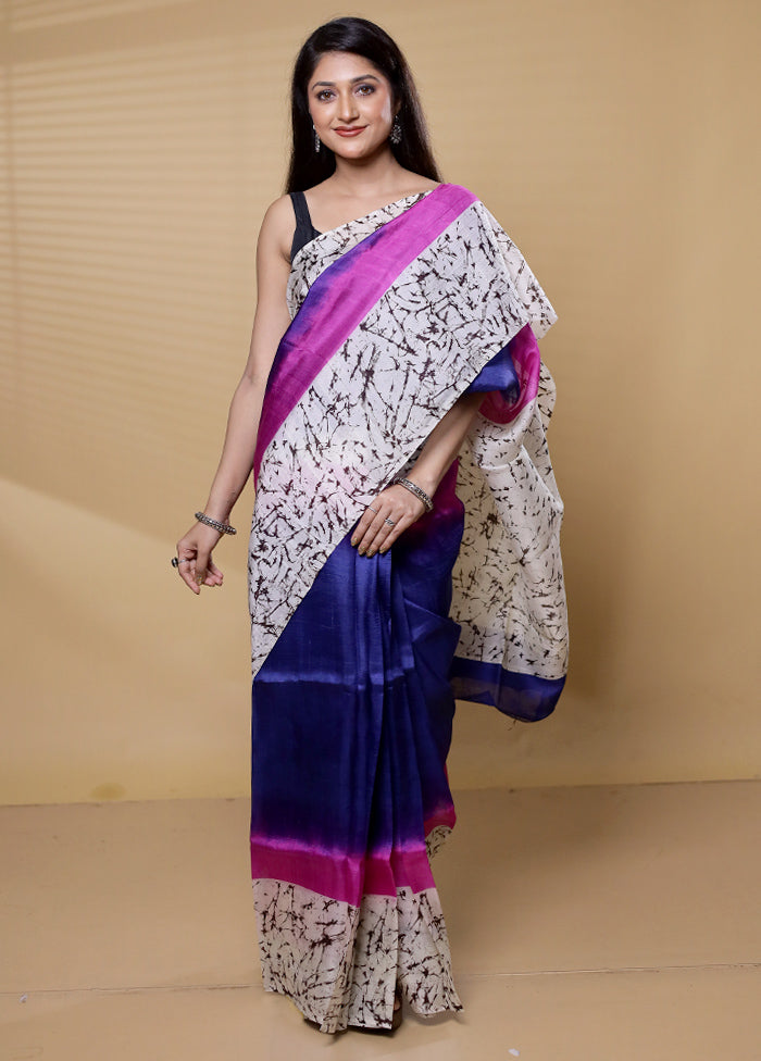 Blue Printed Pure Silk Saree Without Blouse Piece