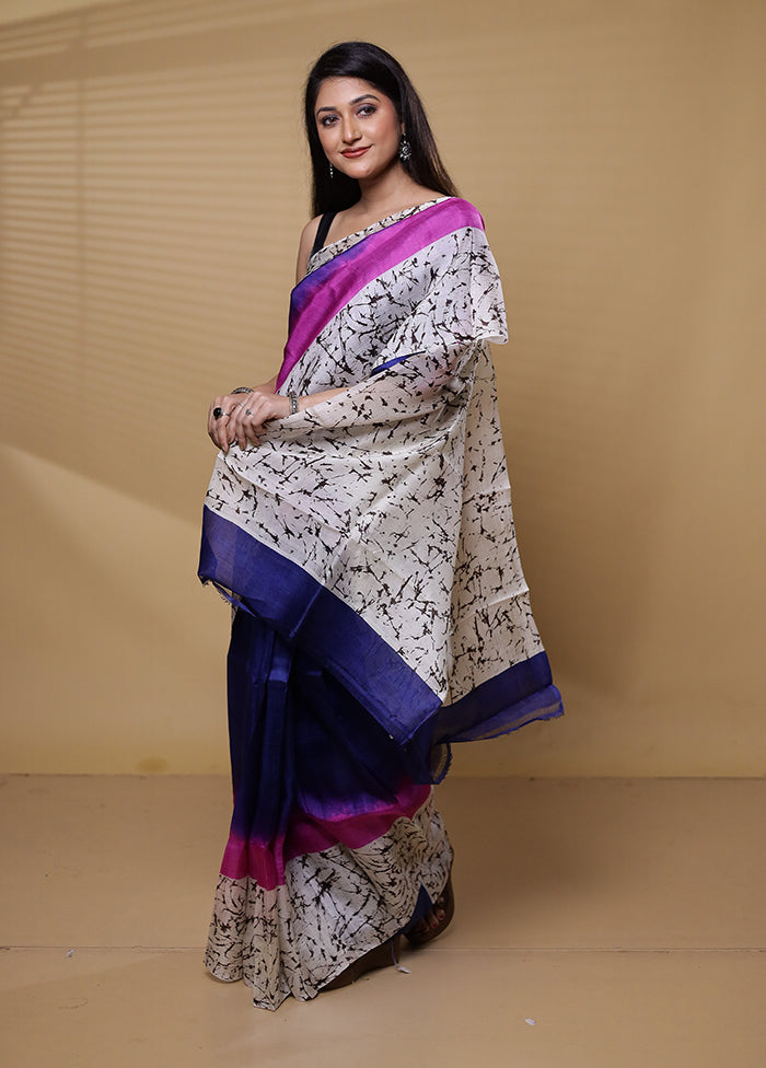 Blue Printed Pure Silk Saree Without Blouse Piece