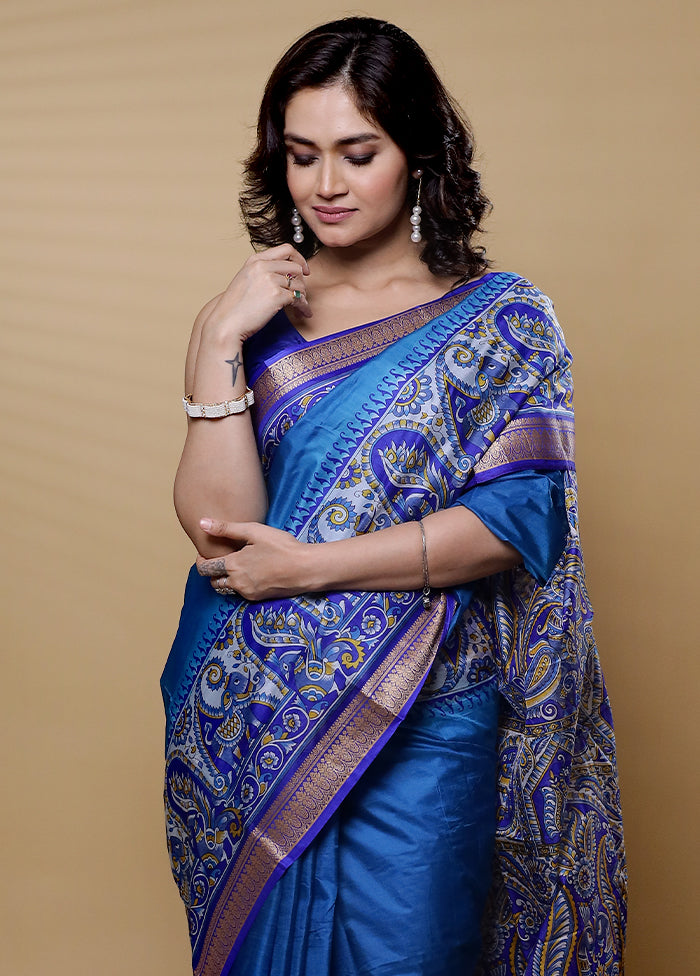 Blue Printed Pure Silk Saree Without Blouse Piece