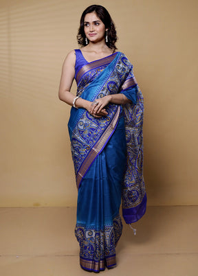 Blue Printed Pure Silk Saree Without Blouse Piece