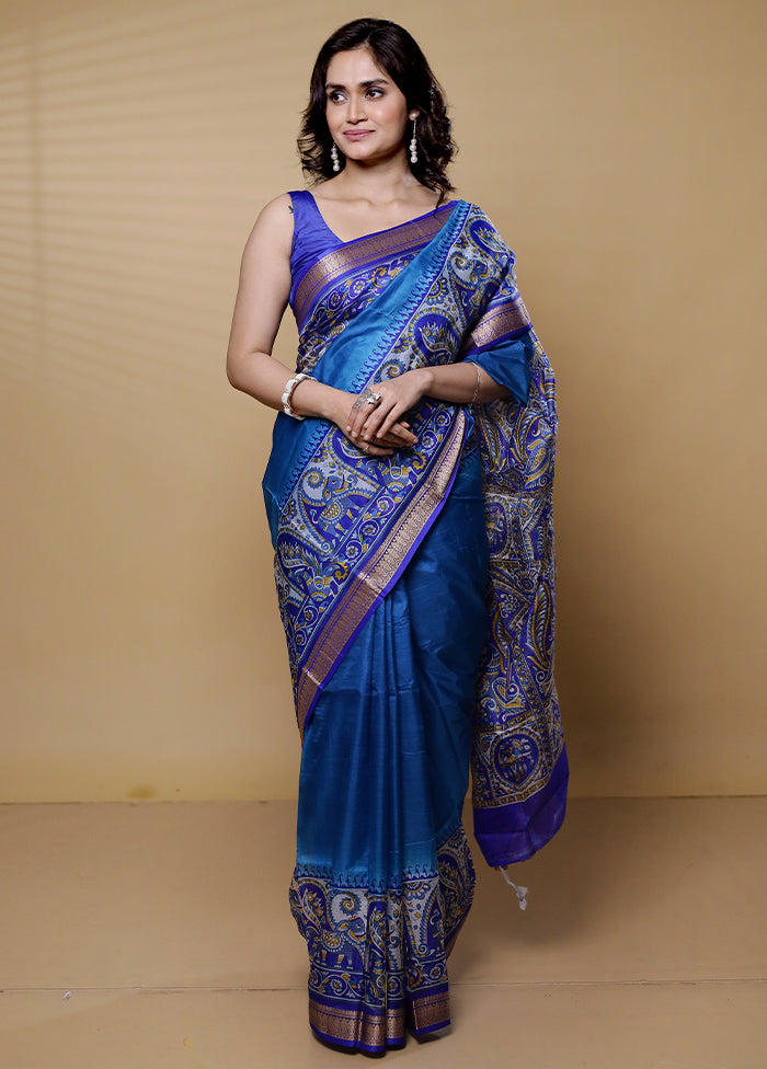 Blue Printed Pure Silk Saree Without Blouse Piece