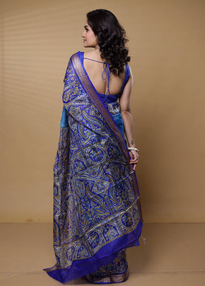 Blue Printed Pure Silk Saree Without Blouse Piece