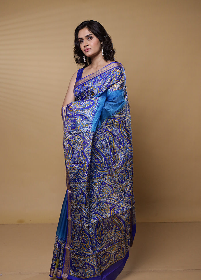 Blue Printed Pure Silk Saree Without Blouse Piece