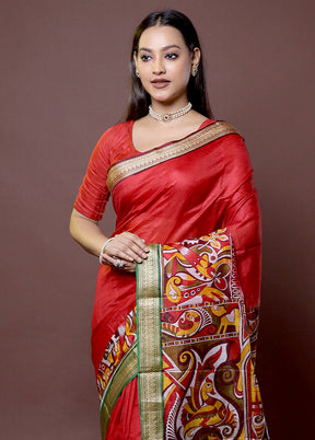 Maroon Printed Pure Silk Saree Without Blouse Piece