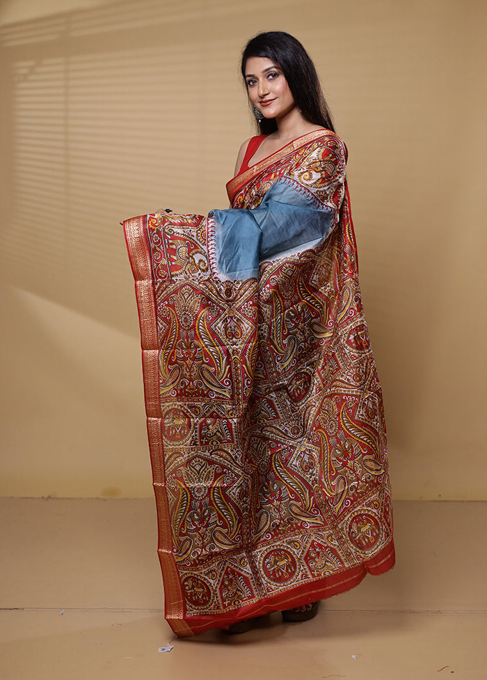 Grey Printed Pure Silk Saree Without Blouse Piece