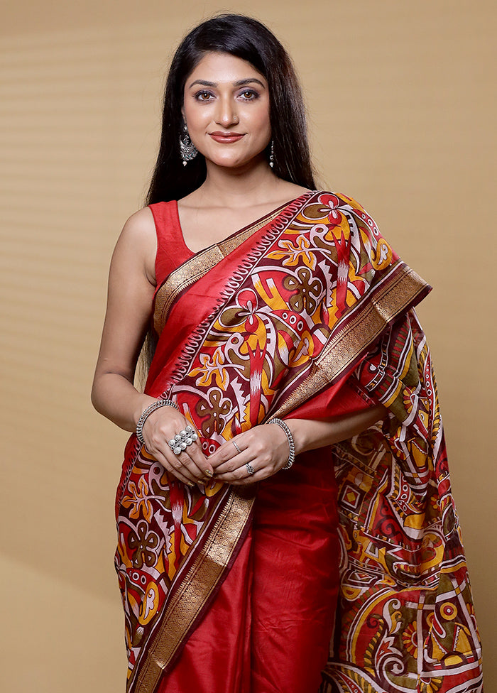 Red Printed Pure Silk Saree Without Blouse Piece