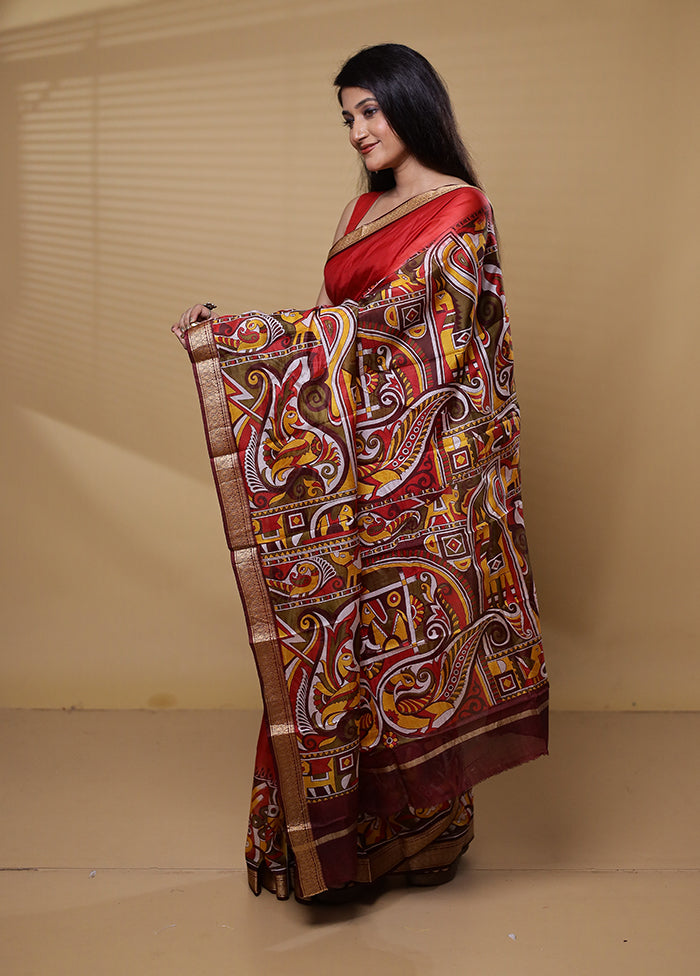 Red Printed Pure Silk Saree Without Blouse Piece