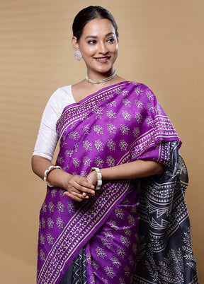 Purple Printed Pure Silk Saree Without Blouse Piece