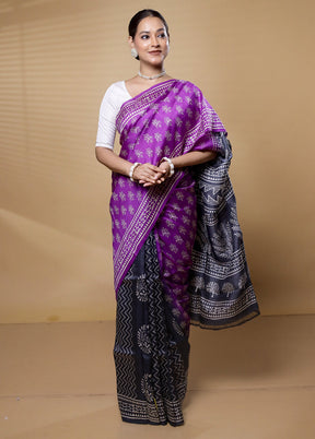 Purple Printed Pure Silk Saree Without Blouse Piece