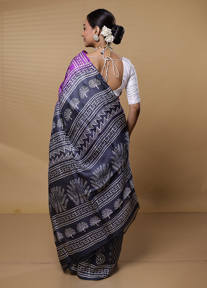 Purple Printed Pure Silk Saree Without Blouse Piece