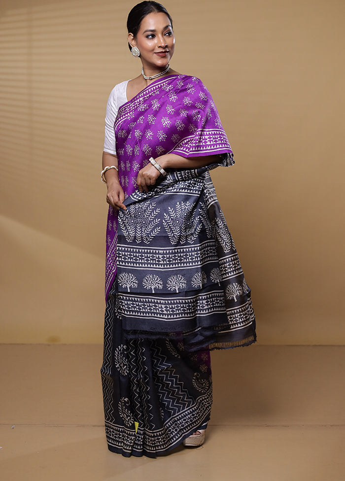 Purple Printed Pure Silk Saree Without Blouse Piece