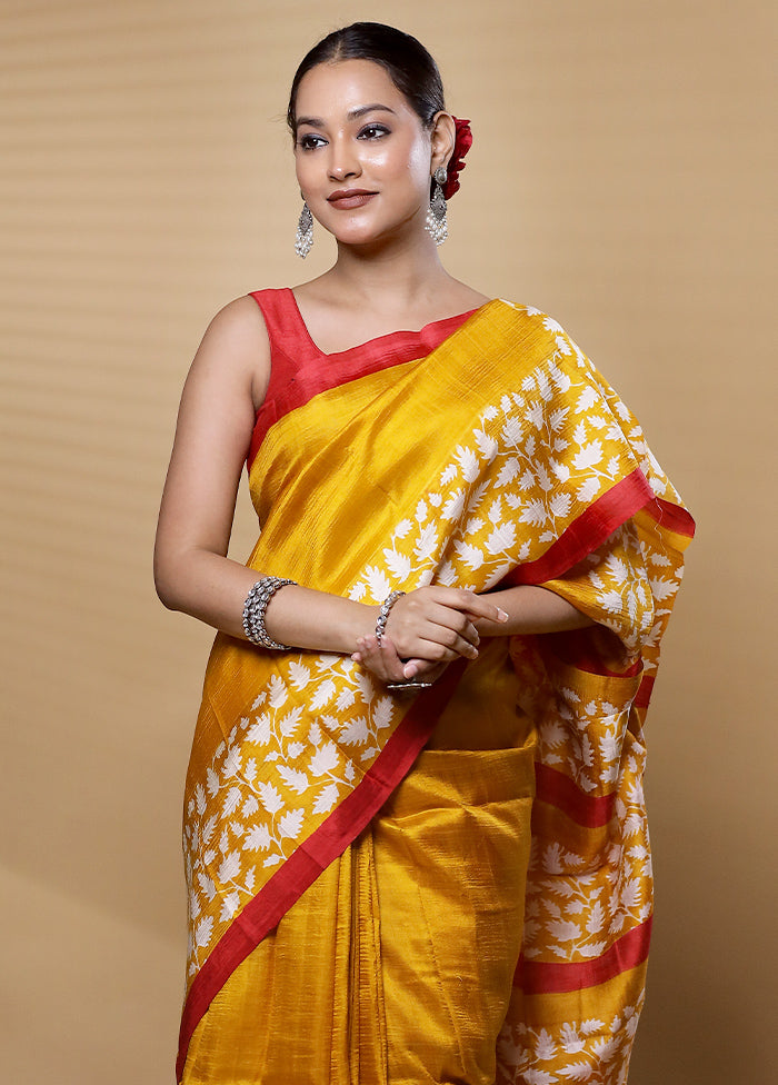 Yellow Printed Pure Silk Saree Without Blouse Piece