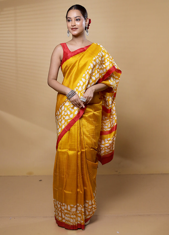 Yellow Printed Pure Silk Saree Without Blouse Piece