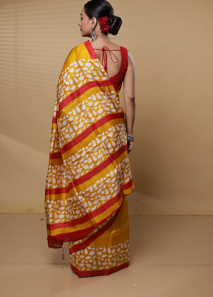 Yellow Printed Pure Silk Saree Without Blouse Piece