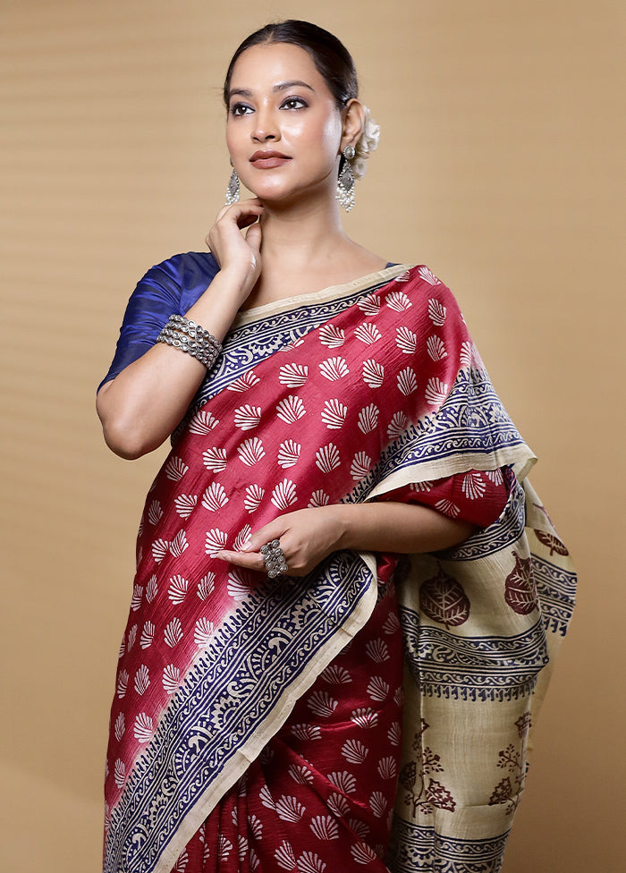 Maroon Printed Pure Silk Saree Without Blouse Piece