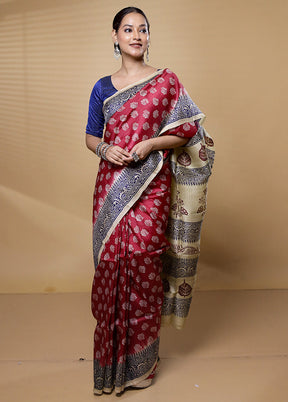 Maroon Printed Pure Silk Saree Without Blouse Piece