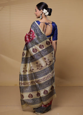 Maroon Printed Pure Silk Saree Without Blouse Piece