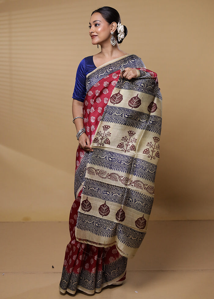 Maroon Printed Pure Silk Saree Without Blouse Piece