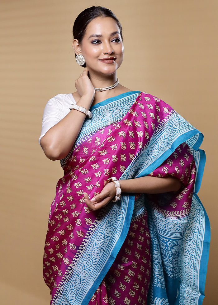 Pink Printed Pure Silk Saree Without Blouse Piece