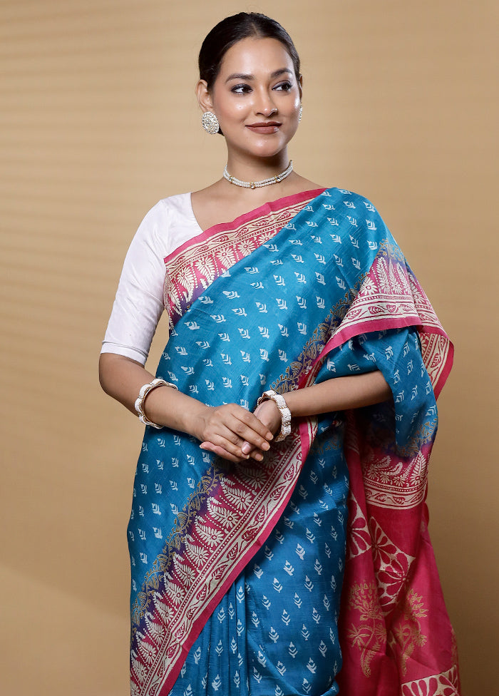 Blue Printed Pure Silk Saree Without Blouse Piece