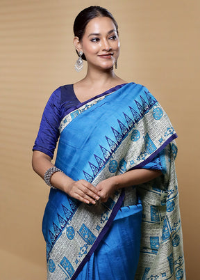 Blue Printed Pure Silk Saree Without Blouse Piece