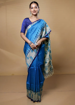 Blue Printed Pure Silk Saree Without Blouse Piece