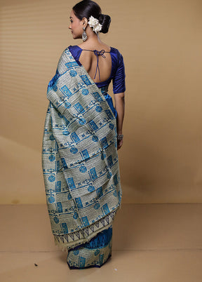 Blue Printed Pure Silk Saree Without Blouse Piece