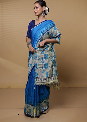 Blue Printed Pure Silk Saree Without Blouse Piece