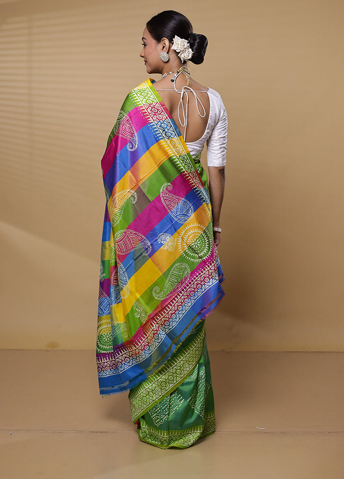 Green Pure Bishnupuri Silk Saree Without Blouse Piece